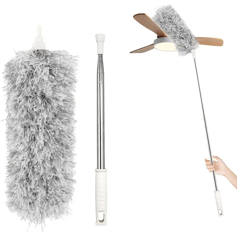 Kit Espanador Pó Retrátil Cabo Extensível 2.5m Microfibra Lavável Limpa Teto, Ventilador, Ar Condicionado e Cantos