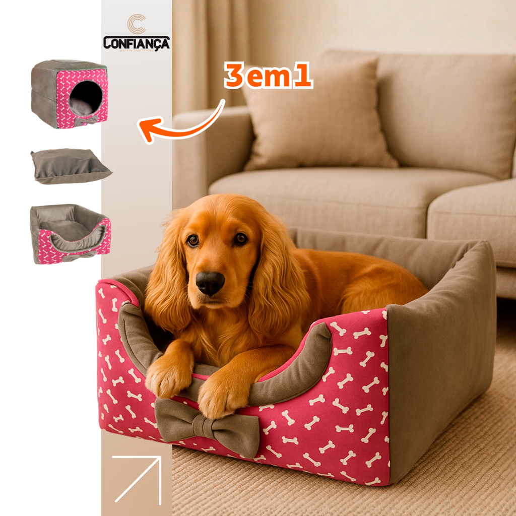 Toca Caminha Colchonete 3 em 1 Pet Cachorro Gato Dog  Lavável Bege Rosa Osso Porte Médio e Grande