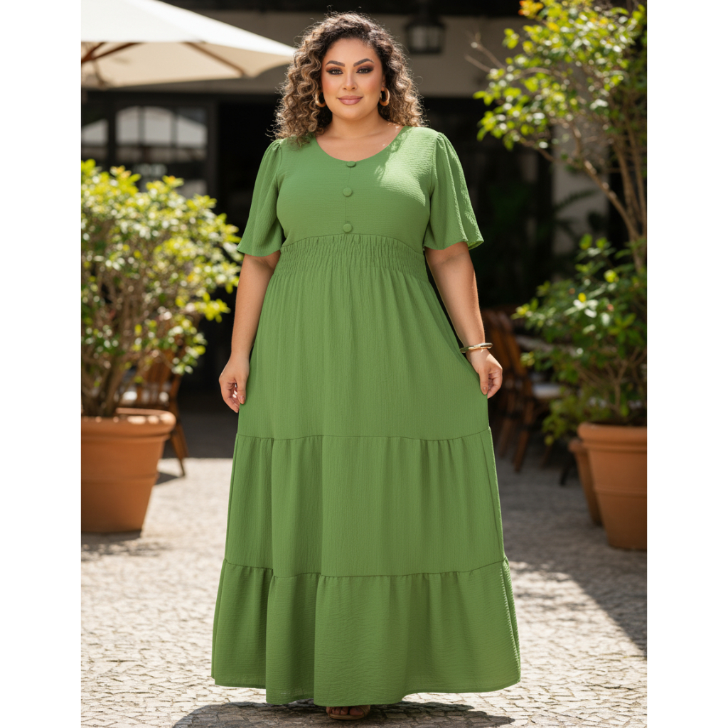 Vestido Plus Size Longo Leve Elegante Festa Decote Botões