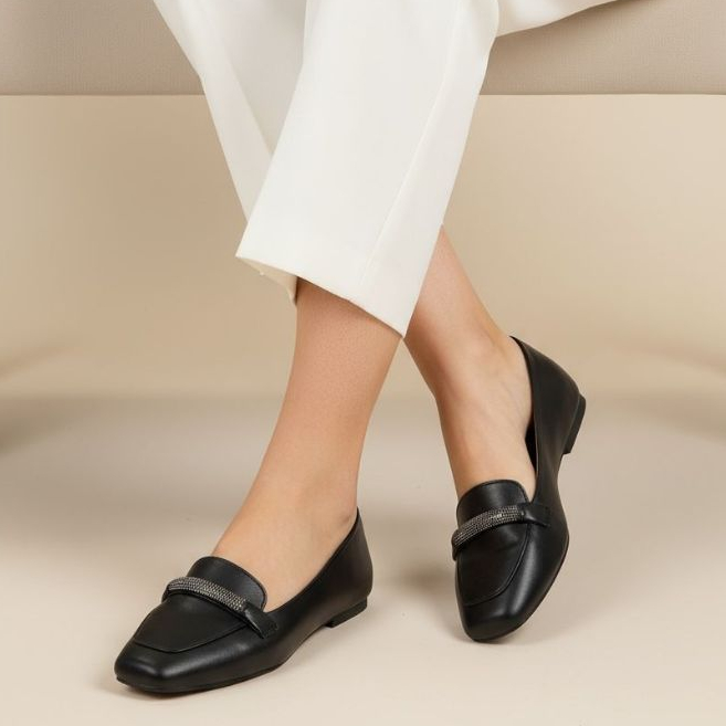 Sapatilha Feminina Confortável Luxo Elegante Mocassim Sapato Feminino Bico Quadrado Preto Strass