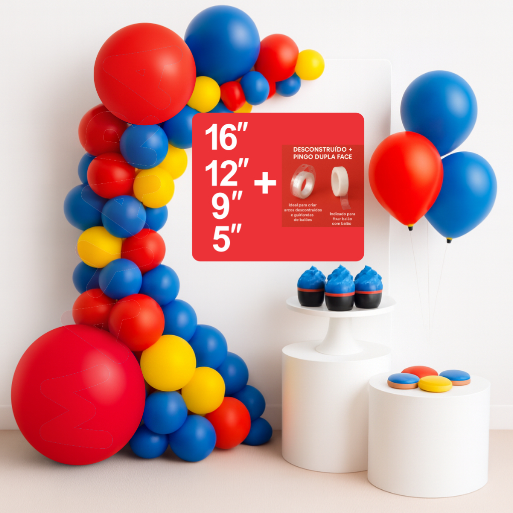 Kit 100 Pçs Arco Balões Desconstruído - Azul Royal Vermelho e Amarelo Tamanhos N°16, N°12, N°9, N°5