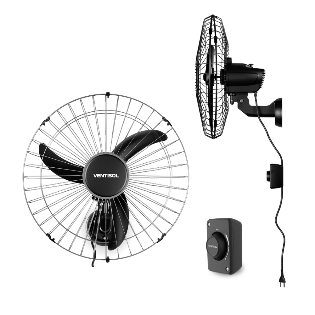 Ventilador de Parede Industrial Aço Bivolt 3 Pás Oscilante Preto Grafite 60cm Ventisol Ar Fresco Silencioso