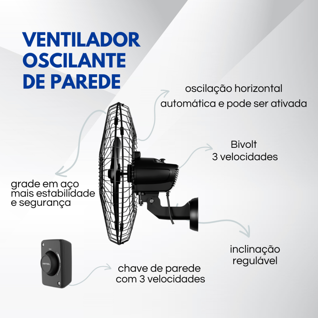 Ventilador de Parede Industrial Aço Bivolt 3 Pás Oscilante Preto Grafite 60cm Ventisol Ar Fresco Silencioso · foto 2