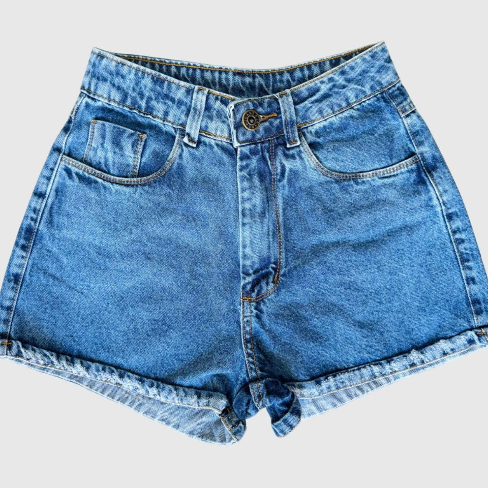 Short Jeans Feminino Cintura Alta Barra Desfiada Com Brilhos 100% Algodâo em Oferta na Shopee
