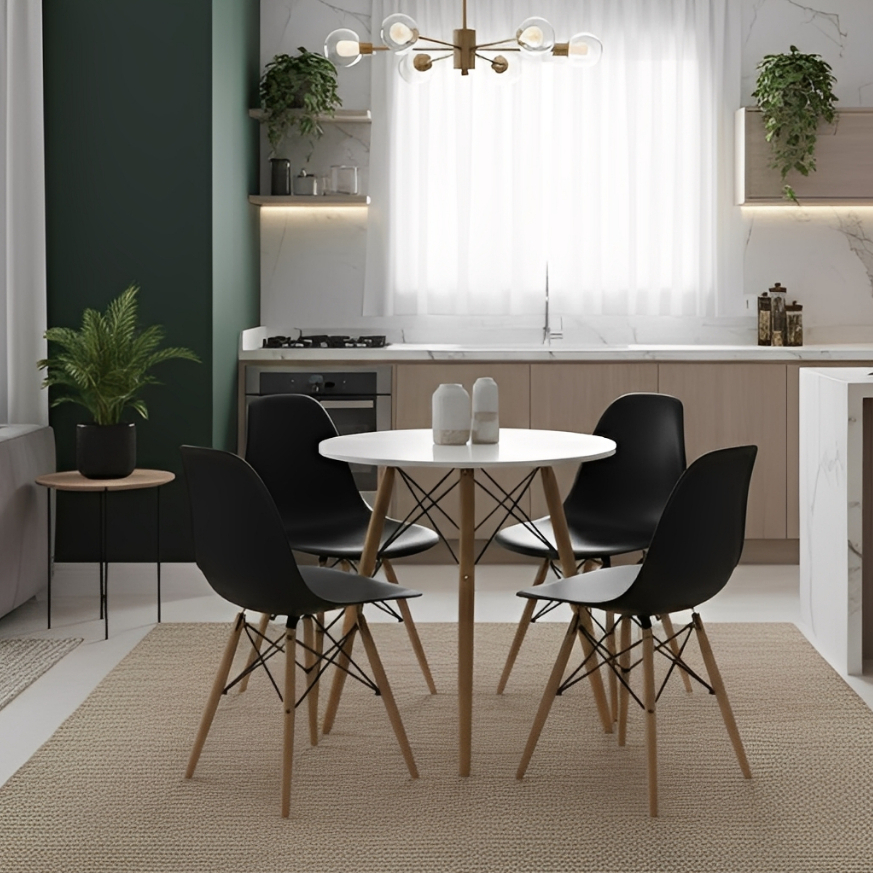 Kit Sala de Jantar Minimalista — Mesa Eiffel + 4 Cadeiras Eames Premium