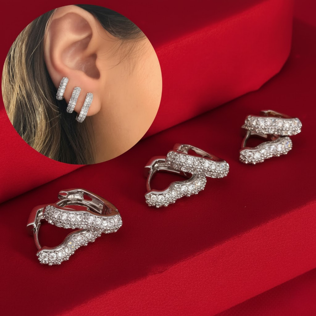 Trio Brincos de Argola Coração Prata Cravejados Zircônia Anti Alérgicos Argolinhas Acessórios Femininos