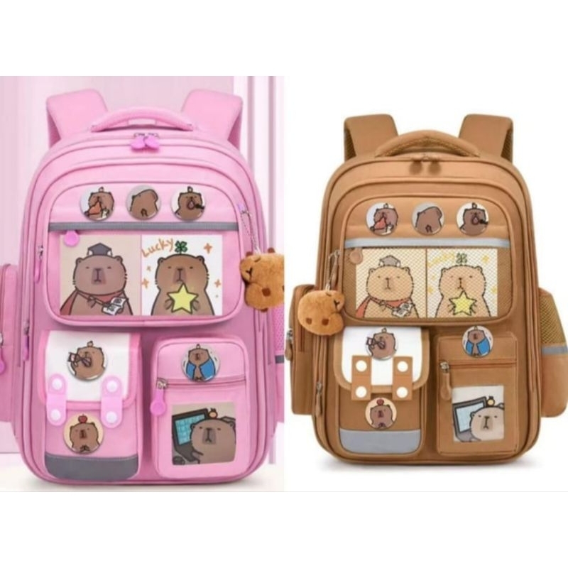 mochila escolar capivara unissex com chaveiro reforçado em Oferta na Shopee