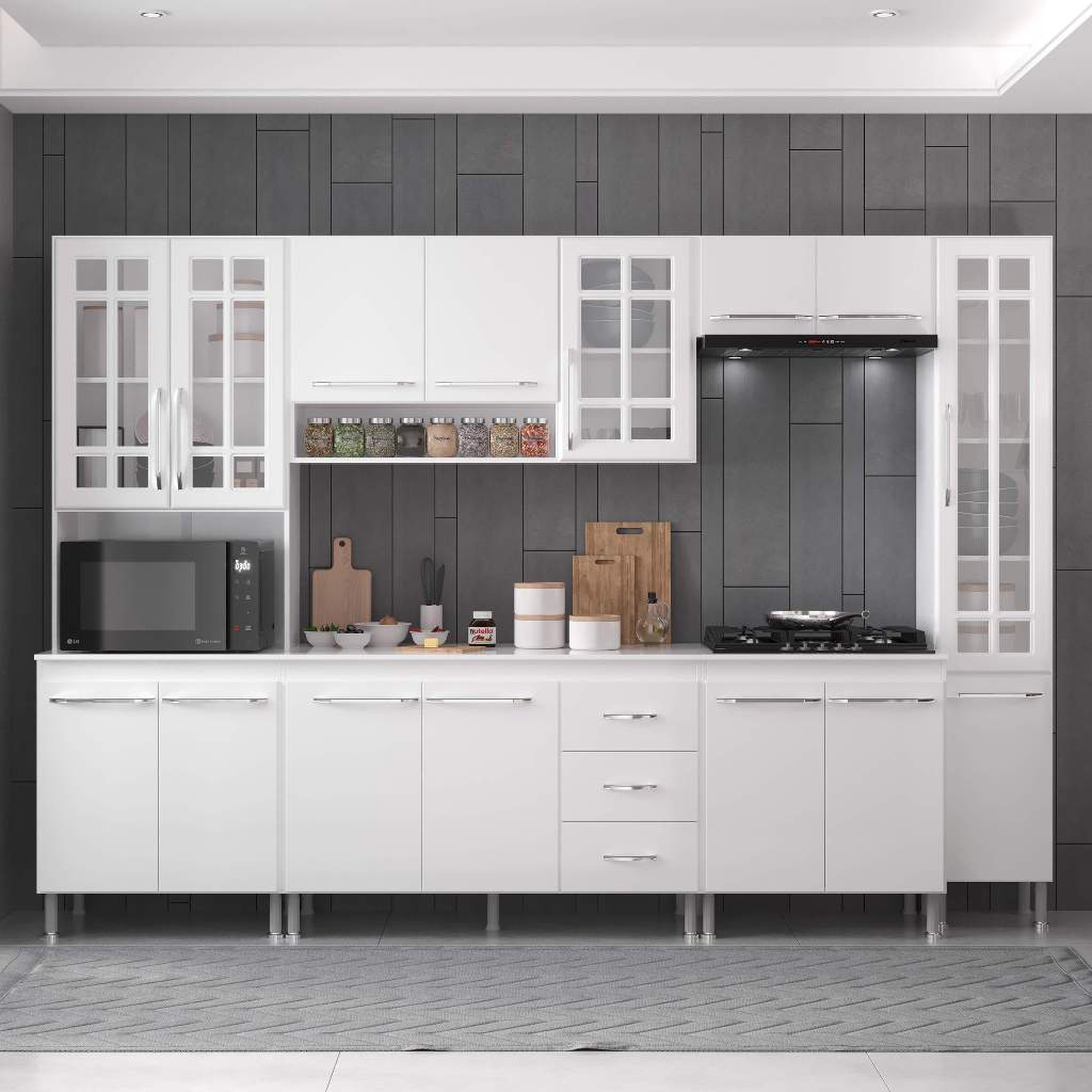 Armário de Cozinha Modulada Completa Fidelitá Viena 6 Peças 295cm 15 Portas 3 Gavetas Com Tampo Branco em Oferta na Shopee