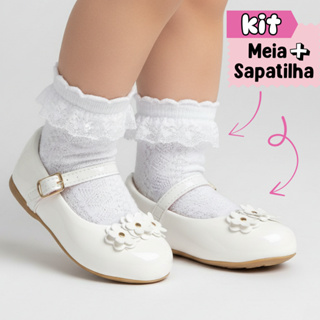 Kit Sapatilha Infantil Menina + Meia de Renda Babado para Festa Daminha Batizado Casamento Tamanho 20 ao 27 Sapekitos em Oferta na Shopee