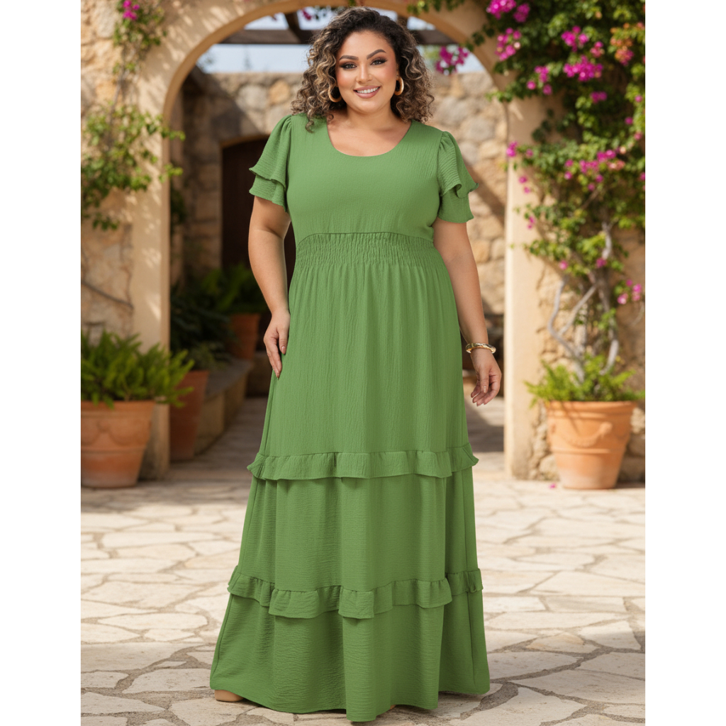 Vestido Plus Size Longo Moda Casual Manga Babado Luxo Festa