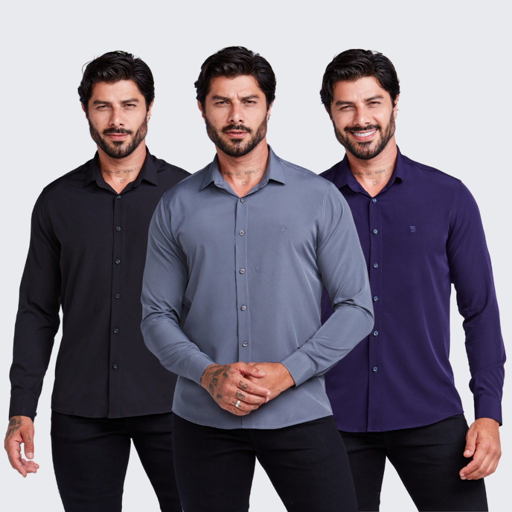Kit 3 Camisa Social Spandex Masculina