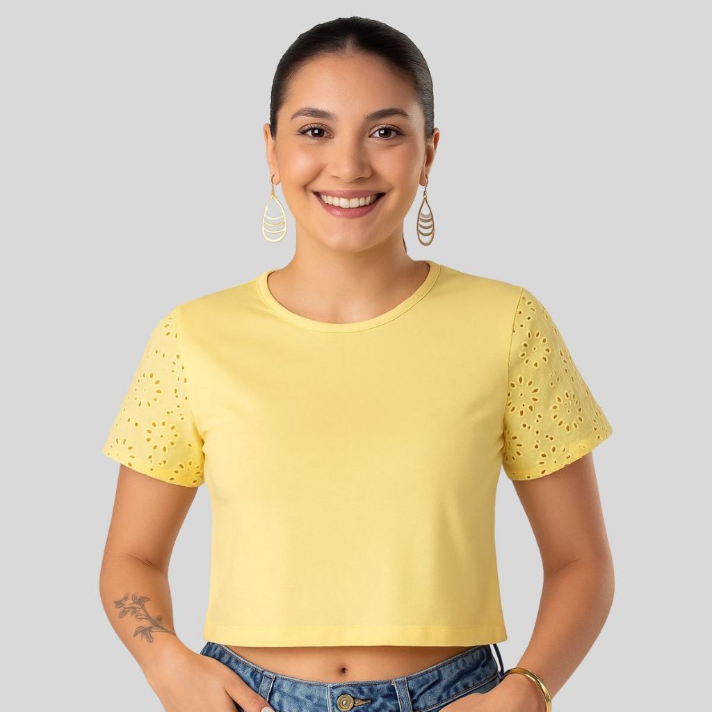 Cropped Feminino Algodão Manga Laise Bordada Blusa Casual Conforto Elegância Atemporal  25639-C2