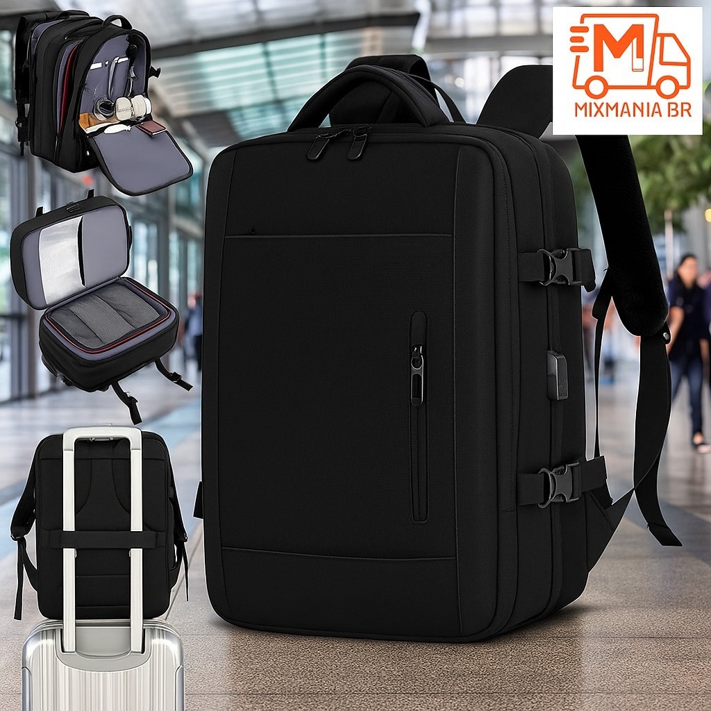 Mochila Viagem Masculina/Feminina Impermeável Executiva p/ Notebook Expansível 33L-45L COR PRETA
