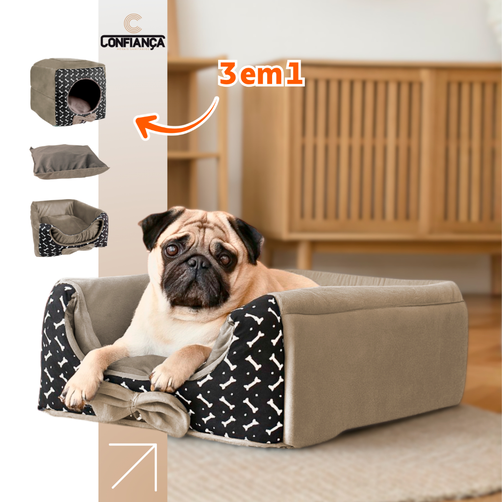 Toca Caminha Colchonete 3 em 1 Pet Cachorro Gato Dog  Lavável Bege Preta Osso Porte Médio e Grande