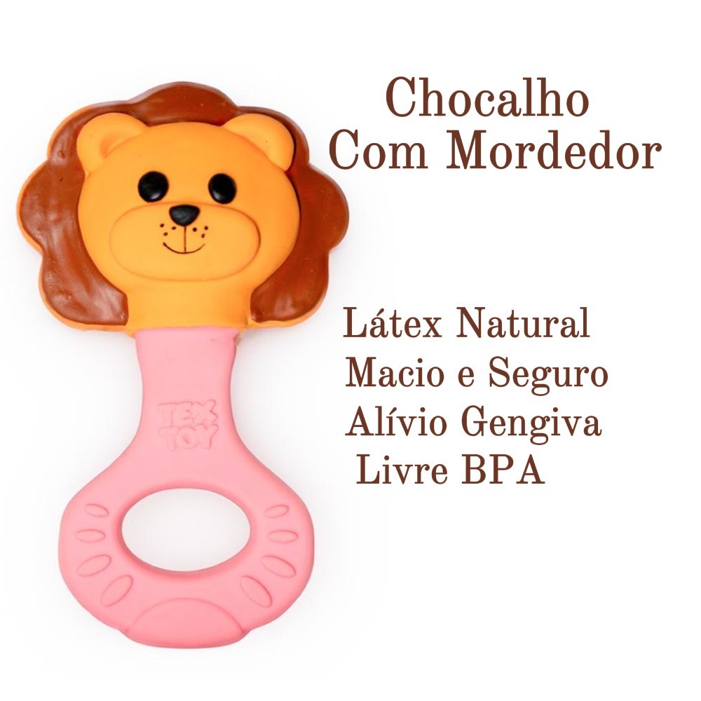 Chocalho Mordedor Bebê Textoy Látex Leão Laranja E Rosa