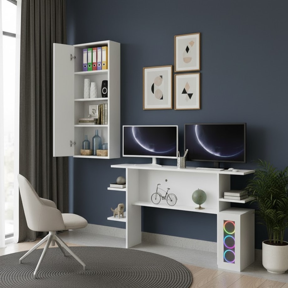 QUEIMA DE ESTOQUE - Conjunto Mesa Escrivaninha Computador + Armário Multuso de Parede c/  4 Prateleiras + 1 Porta
