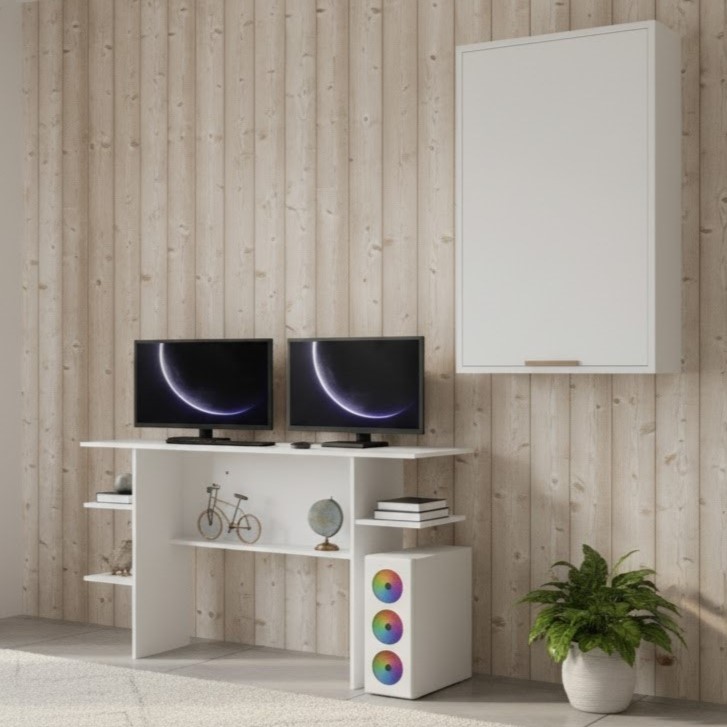 Conjunto Mesa Escrivaninha para Computador com Armário de Parede Multiuso de 1 Porta e 4 Prateleiras