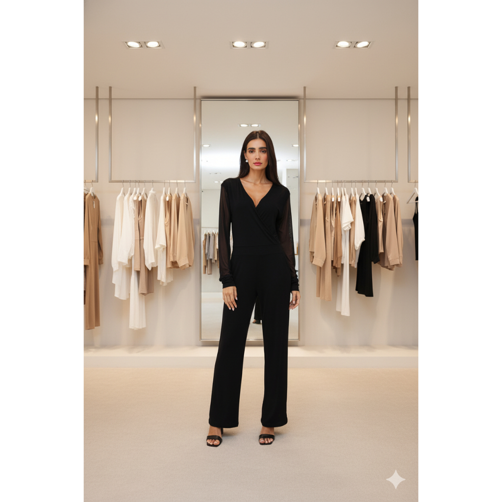 Macacão Feminino Longo Transpassado Manga de Tule Preto Elegante Viscolycra Maria Paes Confortável