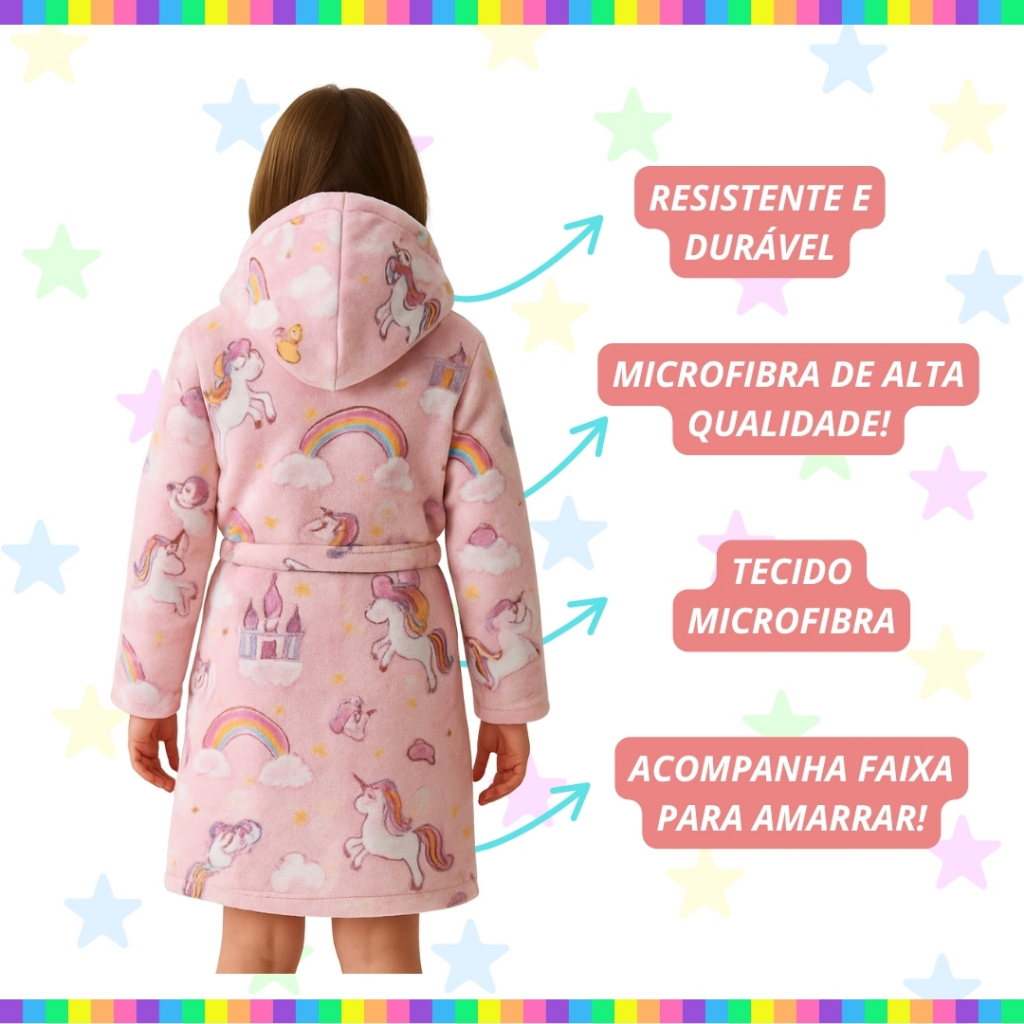 Roupão Infantil Microfibra Menina Unicórnio Arco Íris Capuz Conforto Banho Piscina Quentinho Manta