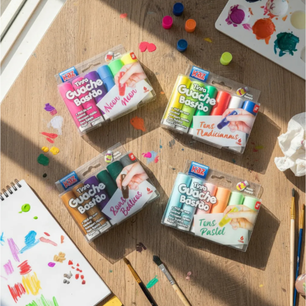 Tinta Bastão Guache 6 Cores Escolar - 4 Tons Diferentes