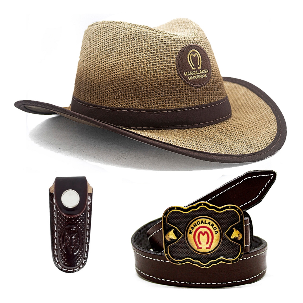 Kit Infantil Chapeu Cowboy Mm + Cinto Country Couro Mangalarga + Bainha Canivete CV