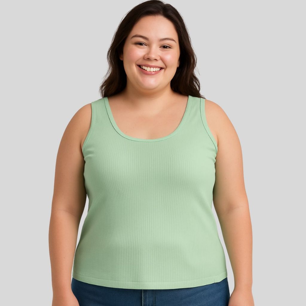 Regata Feminina Plus Size Ribana Canelada Elastano Básica Casual Academia Fresquinha Verão 25722-A em Oferta na Shopee