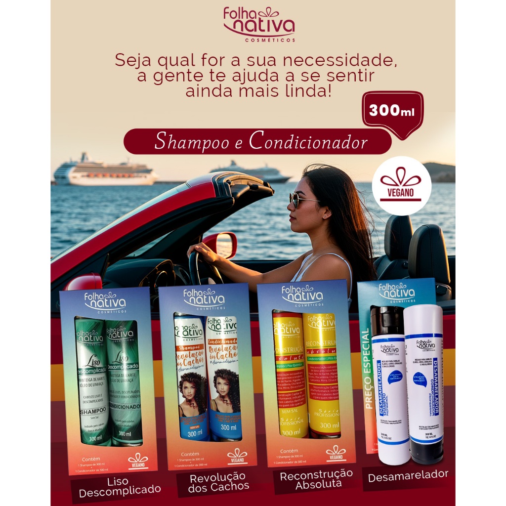 KIT SH+COND FOLHA NATIVA RECONST, DESAMARELADOR, REVOLUÇAO, MATIZADOR, LISO DESCOMPLICA DE CACHOS