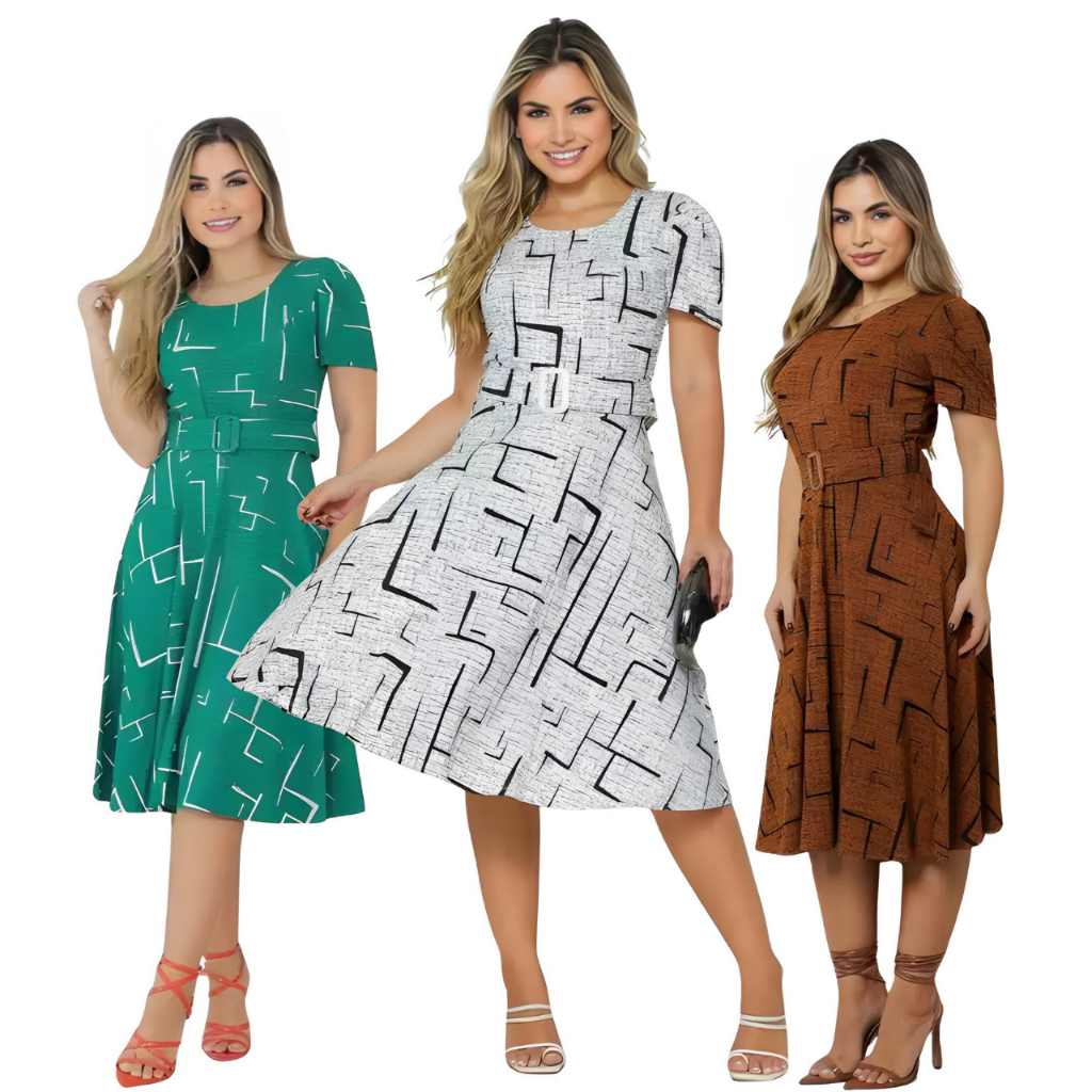 Vestido  Midi femenino Casual Senhoras Cinto Removível Manga Bufante Gola Redonda Sofisticação Praticidade em Oferta na Shopee