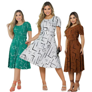 Vestido  Midi femenino Casual Senhoras Cinto Removível Manga Bufante Gola Redonda Sofisticação Praticidade em Oferta na Shopee