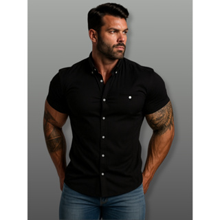 Camisa Social Masculina Slim Fit Manga Curta Com Elastano Camisa Premium Gola Italiana em Oferta na Shopee