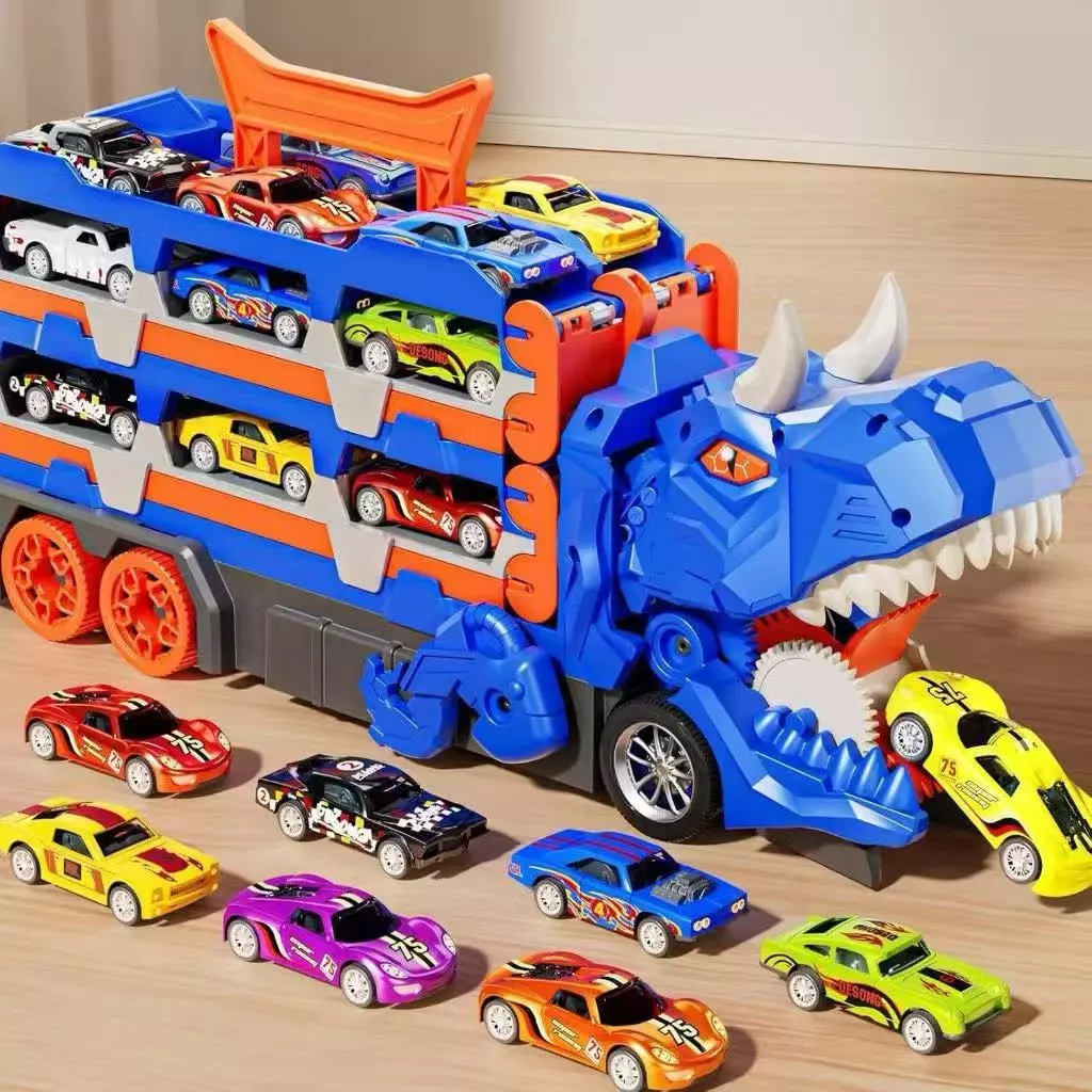 Caminhão Dinossauro Engole Carros - Brinquedo Educativo para Meninos Com 2 Carrinhos Pista e Maleta