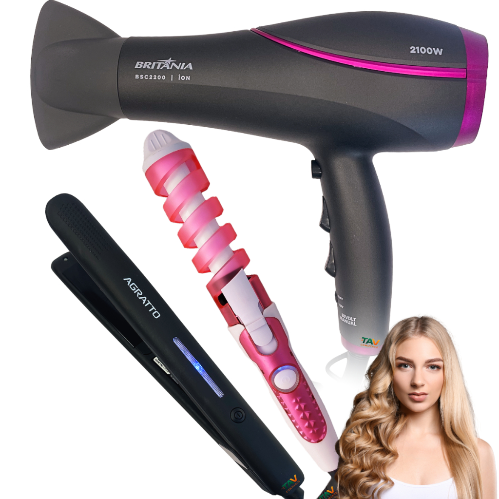 KIT SECADOR DE CABELO 2200W E CHAPINHA IONS E MODELADOR DE CACHOS
