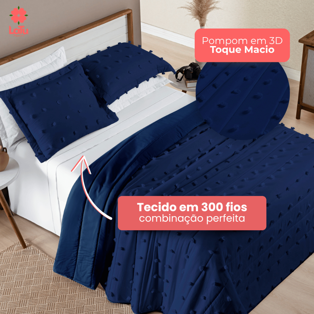 Cobre Leito 3 Peças - Casal\Queen\King - 300 Fios Percal - Dupla Face - Detalhes em 3D Pompom Poppy · foto 2