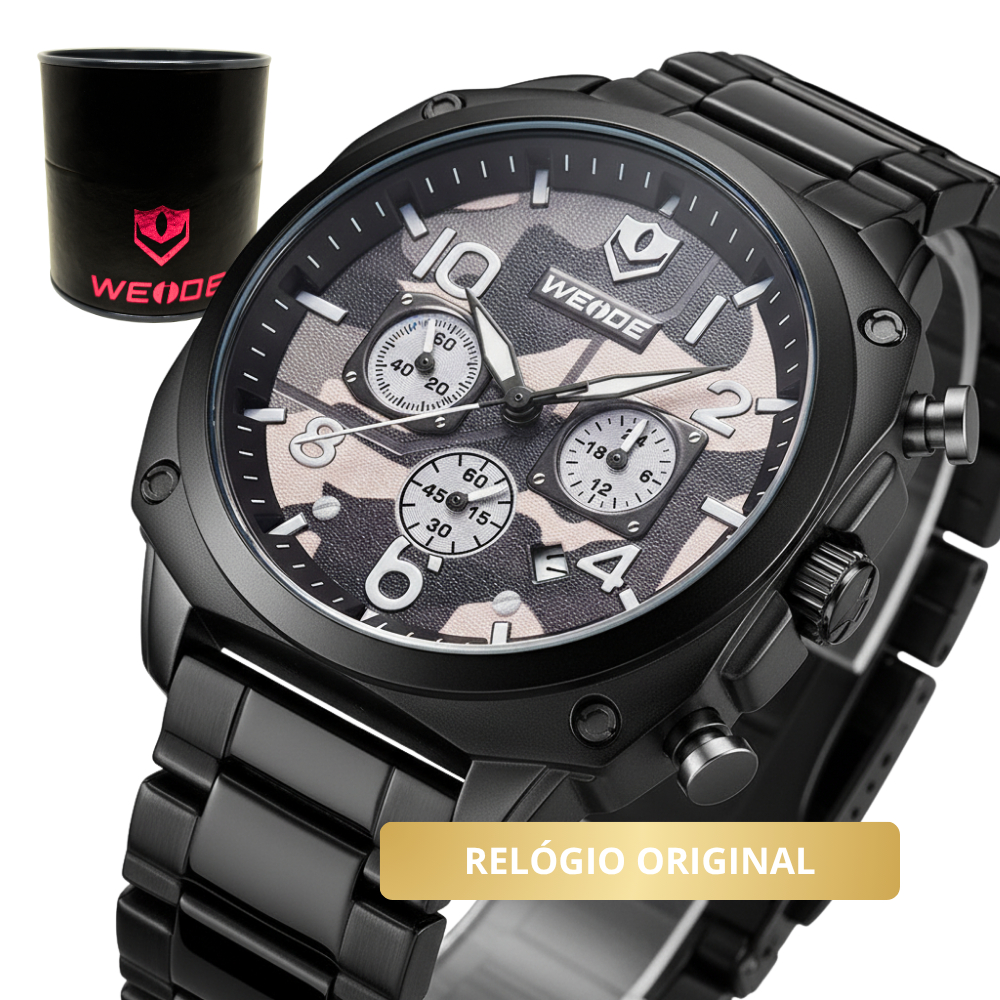 Relógio Weide WD009B Quadrado Tático Militar Analógico Aço Preto Camuflado Vidro Mineral Garantia