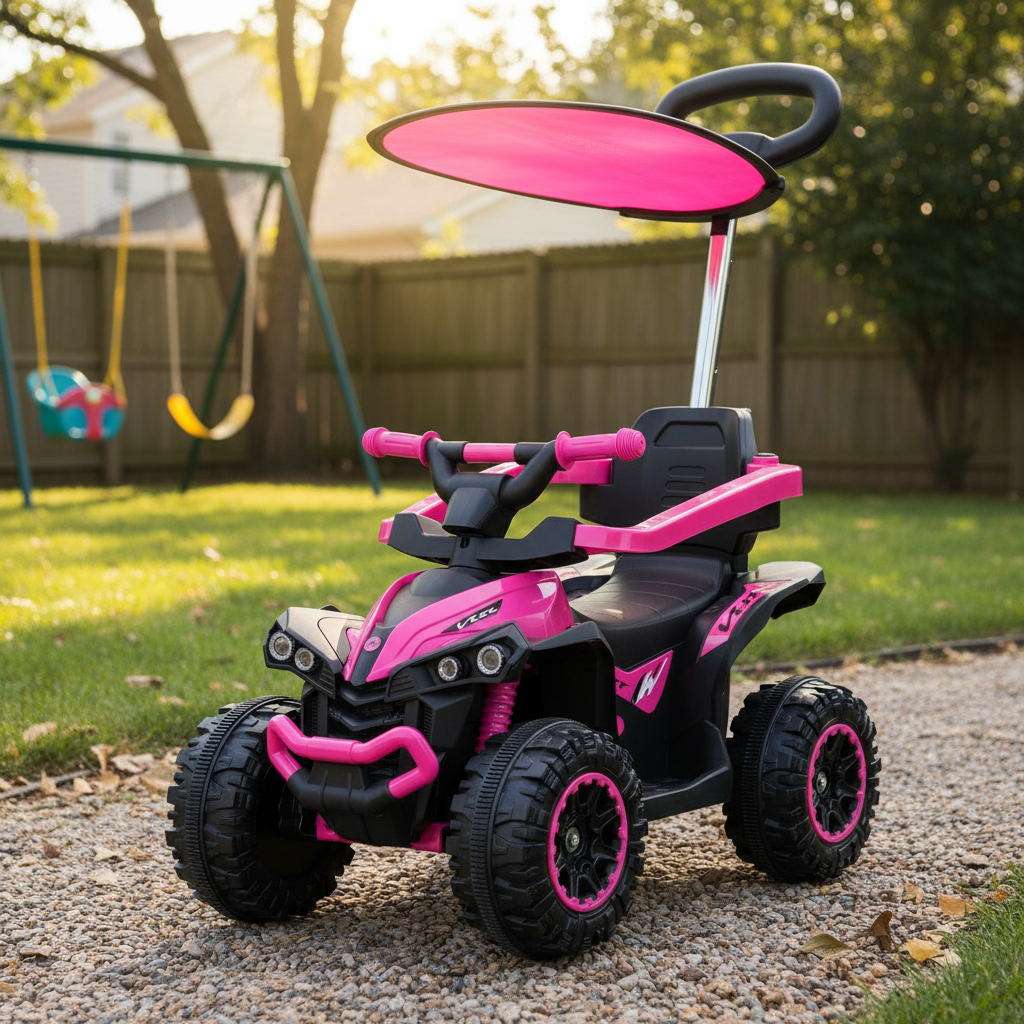 Quadriciclo Elétrico Infantil 6V Rosa Com Empurrador E Cobertura Recarregável Luzes E Som Importway