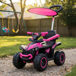 Quadriciclo Elétrico Infantil 6V Rosa Com Empurrador E Cobertura Recarregável Luzes E Som Importway