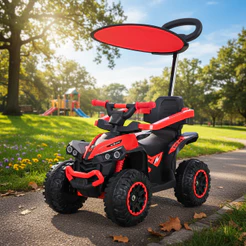 Quadriciclo Elétrico Infantil 6V Vermelho Com Empurrador E Cobertura Recarregável Luzes E Som Importway