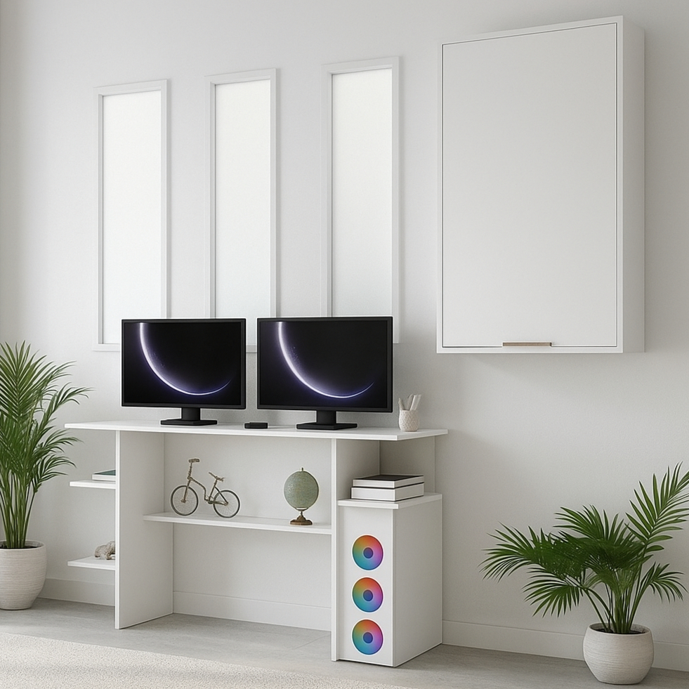 Conjunto de Mesa Gamer Computador + Armário Aéreo c/ 1 Porta e 4 Prateleiras Organizadoras