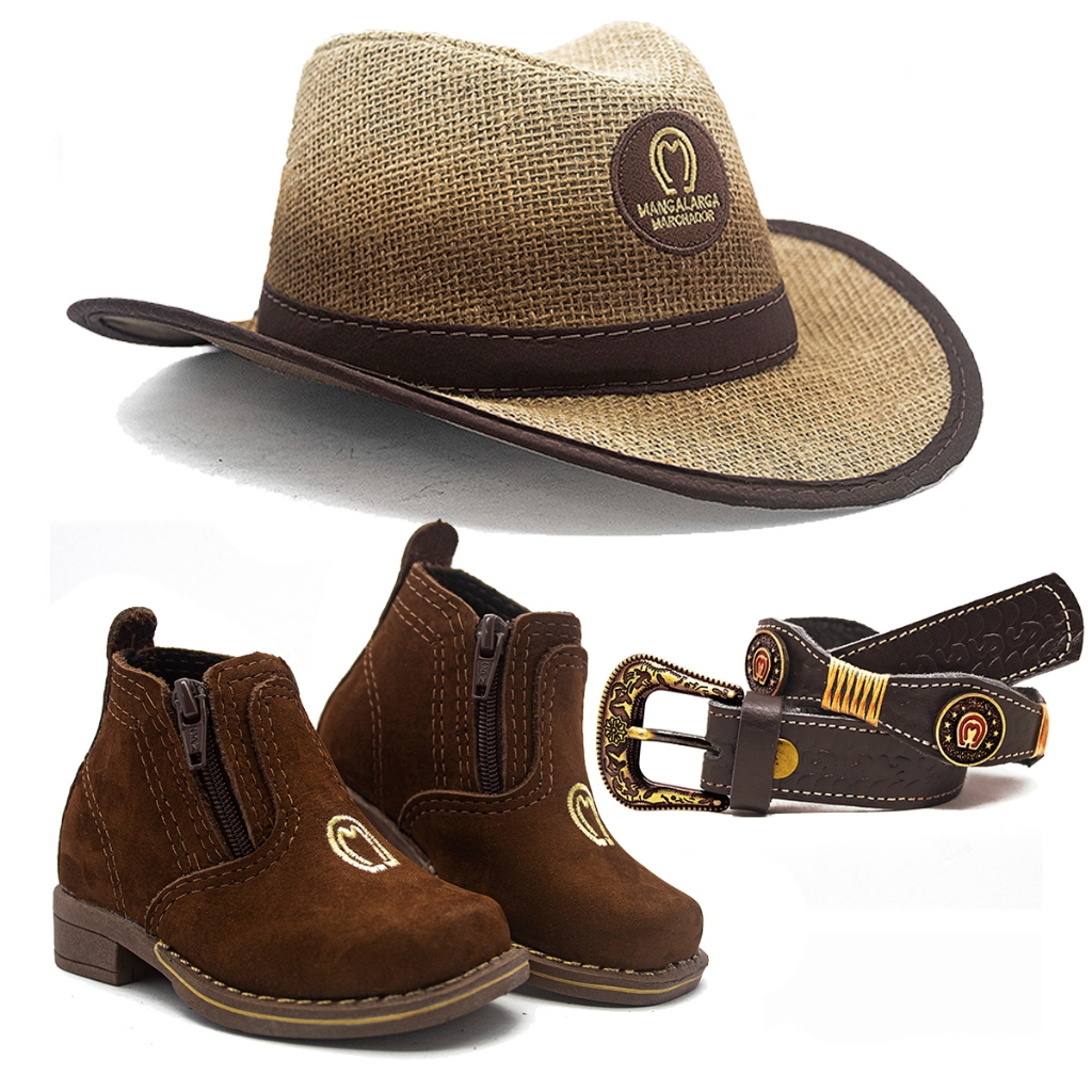 Kit Infantil Botina Country Mangalarga + Cinto Couro + Chapeu Juta Mm CV
