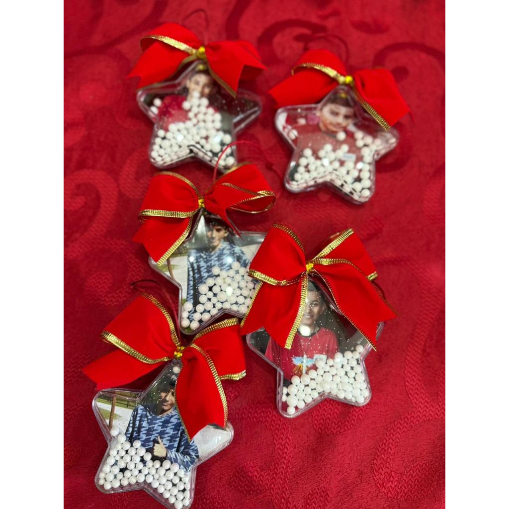 Estrela Acrílica Natalina com gliter - Personalizada com Foto e Bolinhas de Neve - ENFEITE DE NATAL PERSONALIZADO