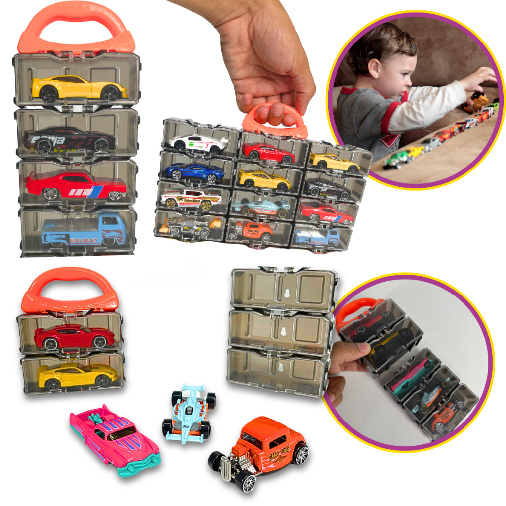 Kit Maleta 12 Carrinhos De Ferro Miniatura Resistente Compatível Hotwheels Die Cast