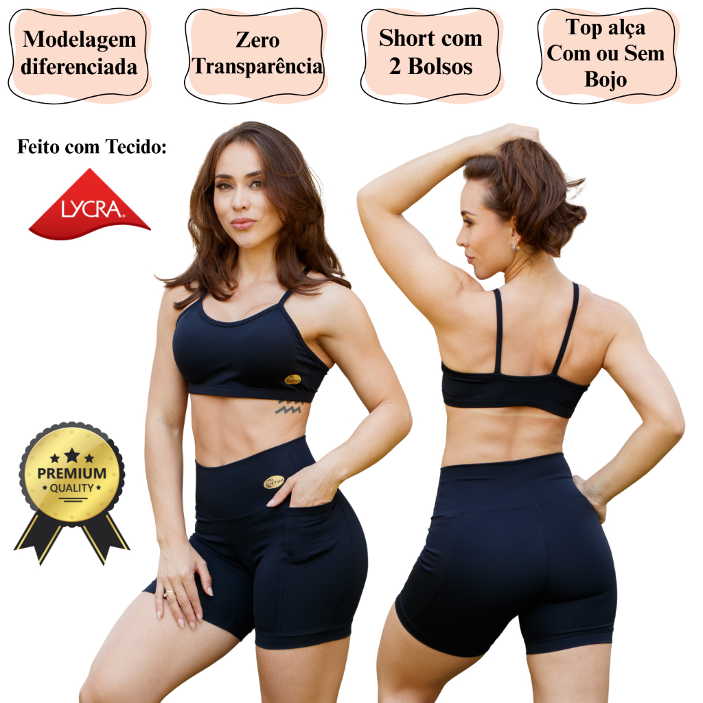 Kit Conjunto Fitness / Shorts com bolso e Top de alça / Corrida Treino Caminhada