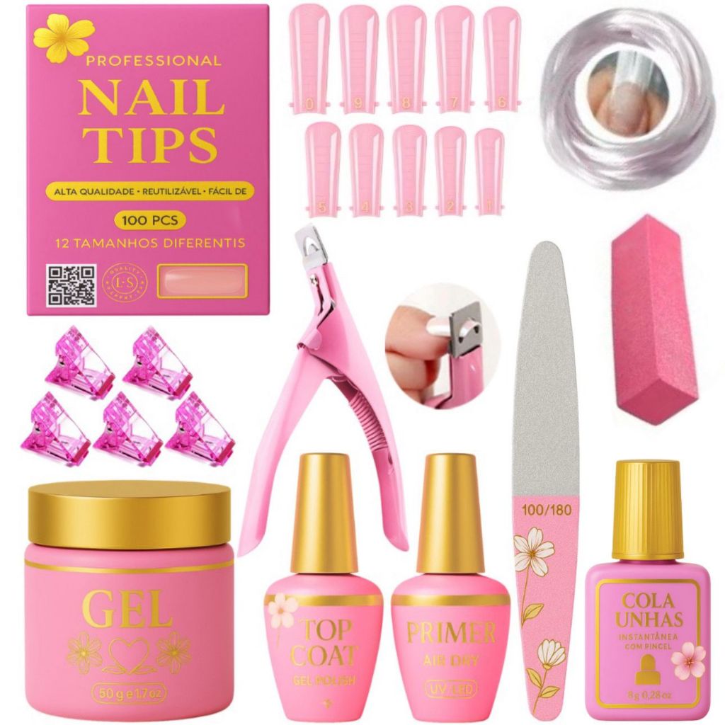 Kit Unha de Gel Completo Manicure 100 Tips + Top Coat e Primer + Alicate Cortador De Tips + Lixa Bumerang+ Gel + Cola em Oferta na Shopee
