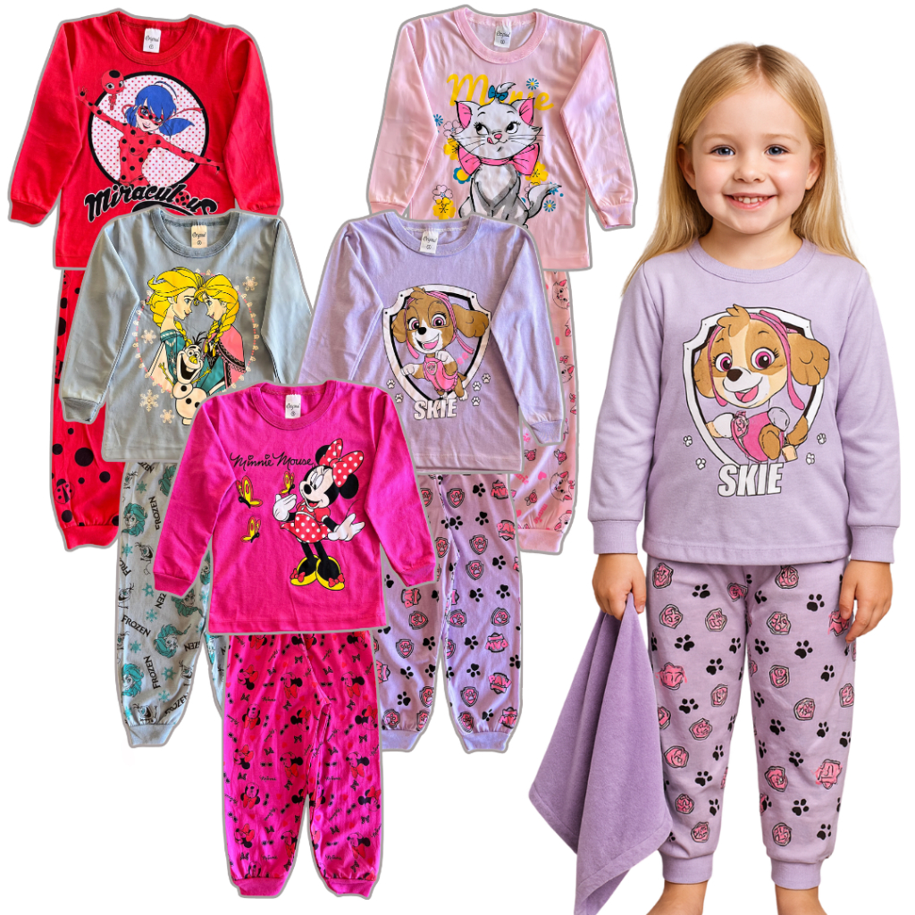 Kit sortido 4 peças pijama infantil 2 calças e 2 blusas menina meia estação inverno manga longa frio