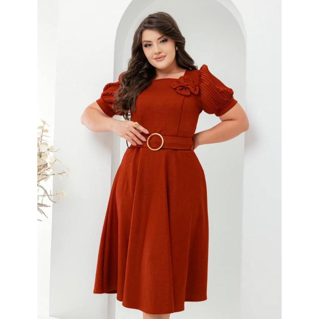 Detalhes do Vestido Midi Melissa Godê C/ Cinto Manga Bufante Moda Cristã