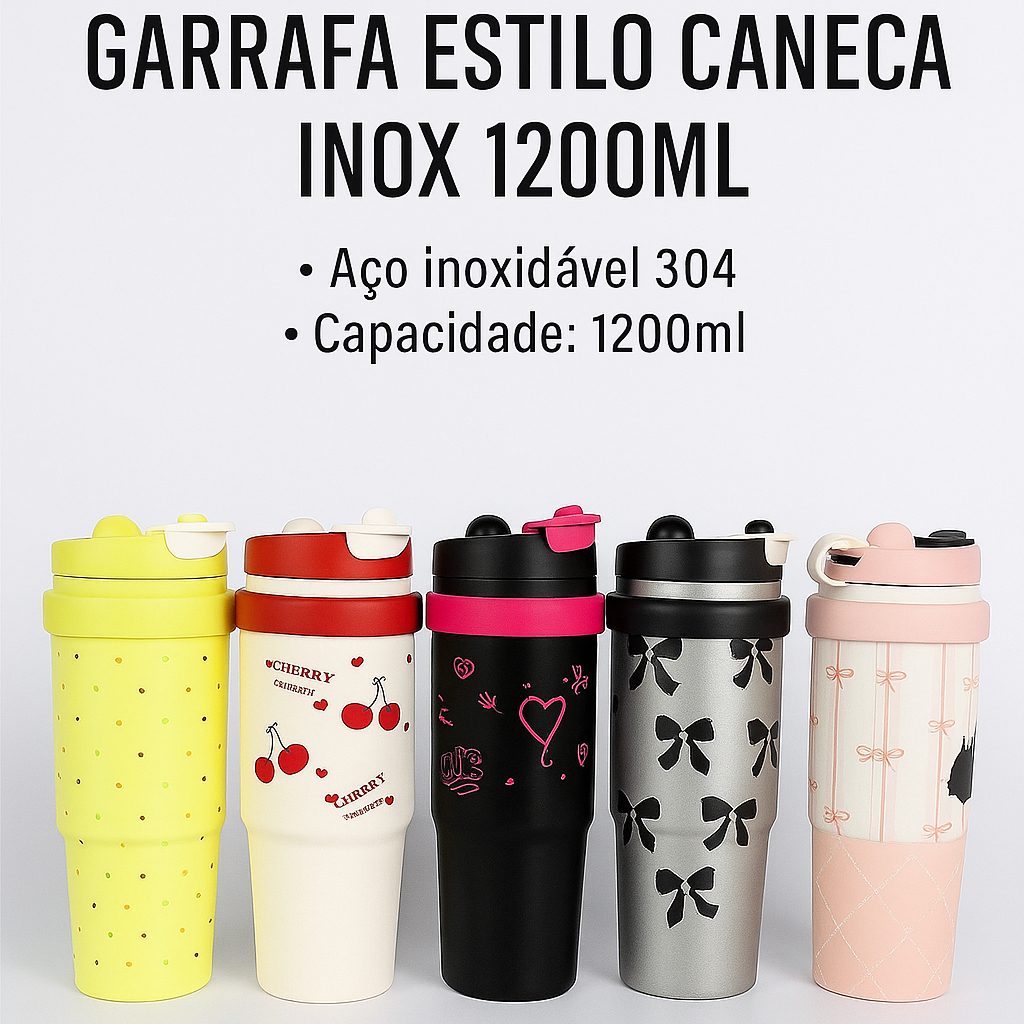 Copo Garrafa Térmico Com Desenho Com Tampa e Canudo 1200ML Grande Capacidade Para Academia