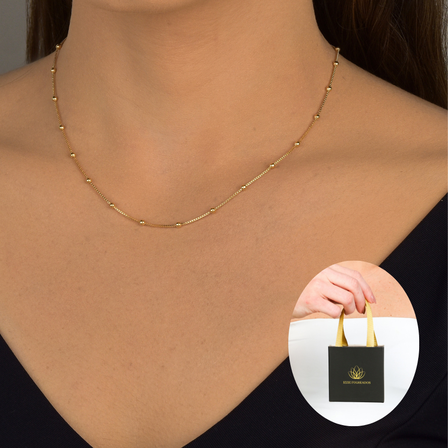 Colar de Bolinhas Feminino Folheado de Ouro 18k Semi joia Delicado com Caixinha Presente