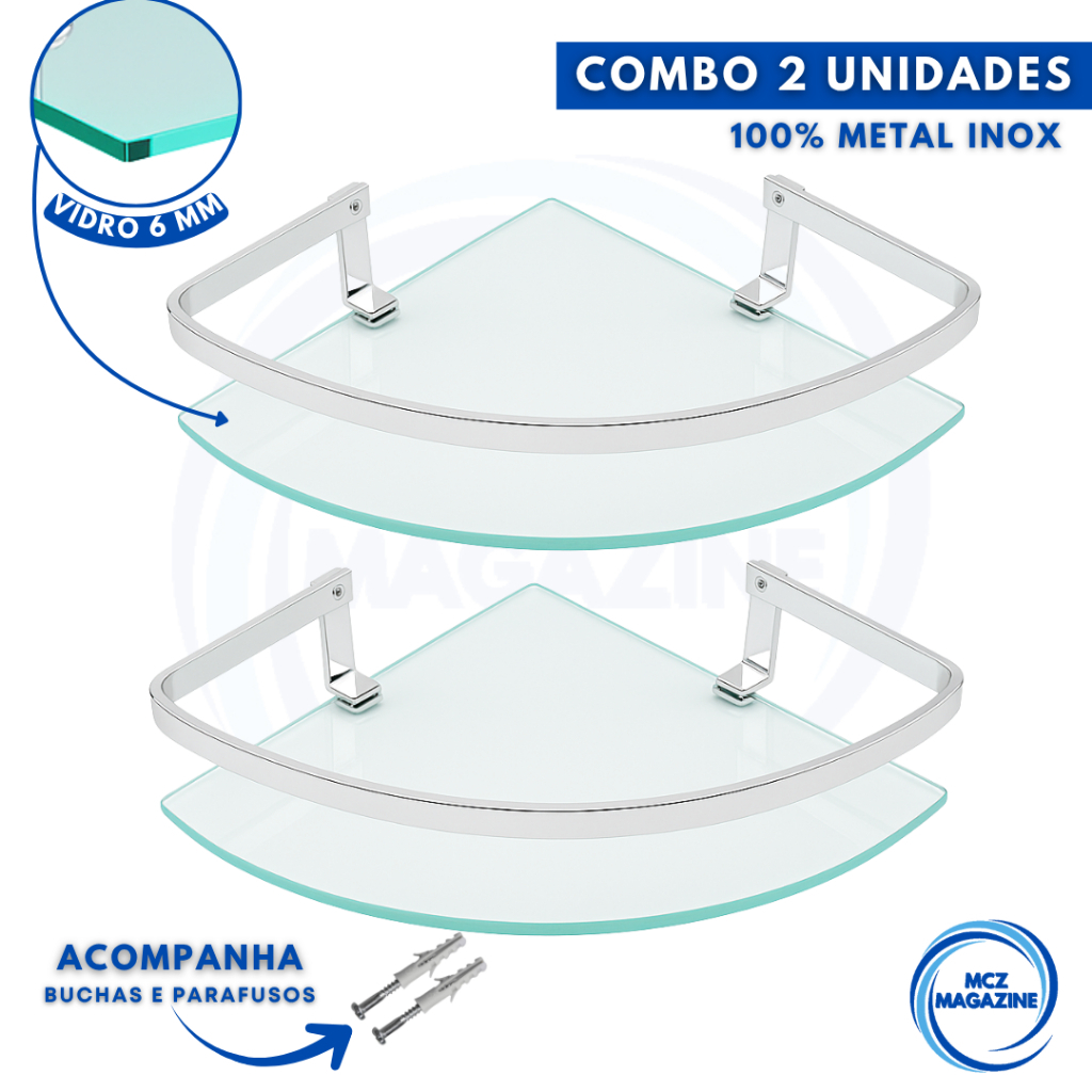Kit 2 Porta Shampoo Suporte De Banheiro Shampoo Canto Vidro 6mm acompnha PARAFUSO Completo