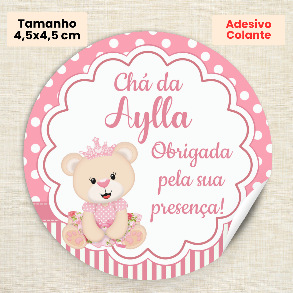 Adesivo 4,5cm Ursinha Princesa Personalizado | Chá de bebê | Obrigada pela presença | Lembrancinhas