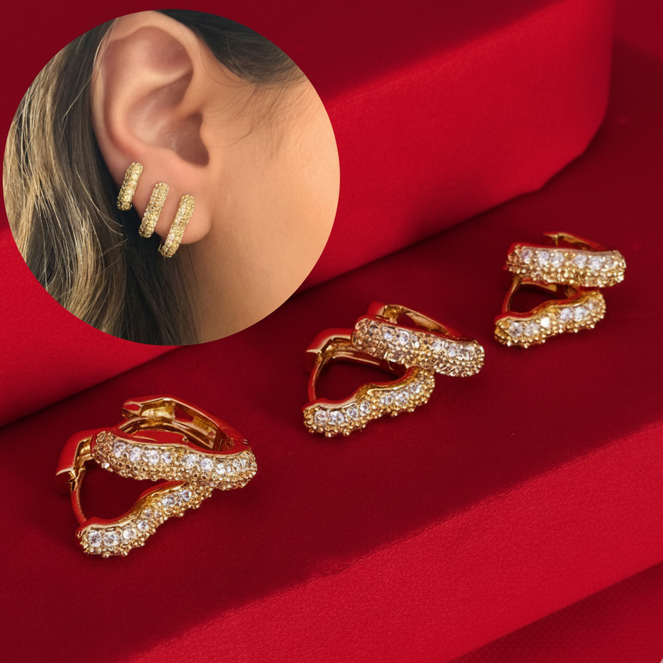[ SEMI JOIA ] Kit Brincos Trio Coração Cravejado Feminino Zircônia Banhado a Ouro18k Anti Alérgico